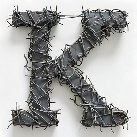 the letter k is made of barbed wire on a white backgroundの素材