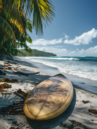A surfboard rests on the sandy beach beneath a palm treeの素材