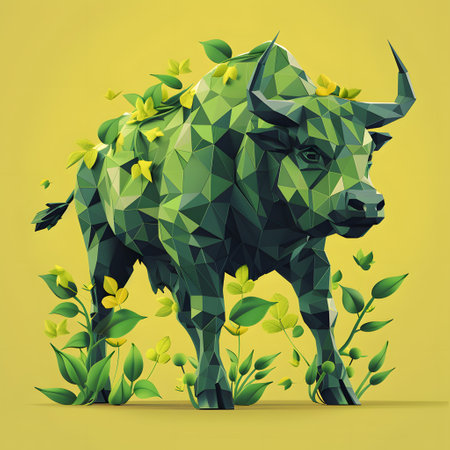 a bull made of leaves and flowers on a yellow backgroundの素材
