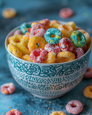 Colorful cereal rings in a bowl on the table as a breakfast dishの素材