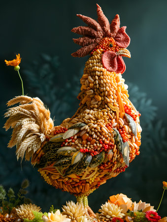 Colorful Rooster Sculpture Made from Various Seeds and Grainsの素材