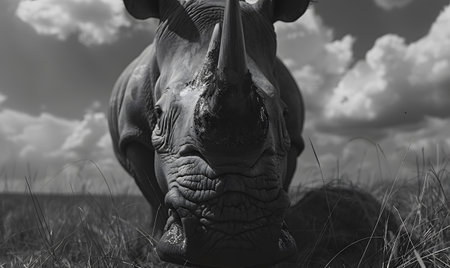 A rhinoceros standing in the grass, resembling a pack animal in black and whiteの素材