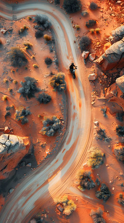 Aerial View of a Serpentine Desert Road with a Lone Travelerの素材