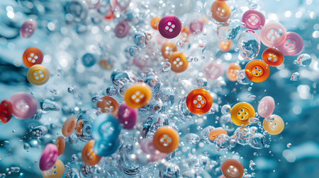 Colorful buttons bob on the aqua water like flower petalsの素材