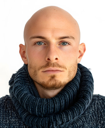 Bald man with beard in turtleneck sweater, showcasing his facial hairの素材