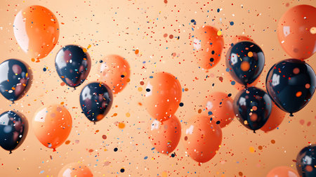 Amber and orange balloons drift among black confetti in the airの素材