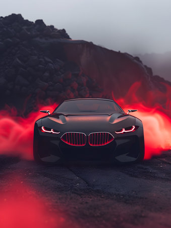 Sleek Black Car with Red Lights in Dramatic Foggy Settingの素材