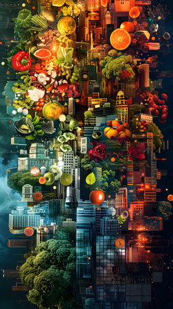 Cityscape with buildings, greenery, and colorful produce viewed from aboveの素材