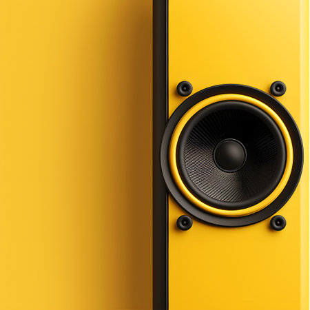 Bright Yellow Speaker Close-Up, Modern Audio Equipment Designの素材