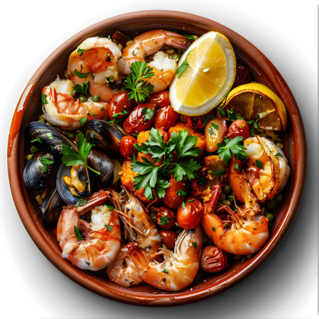 Seafood dish with shrimp, mussels, tomatoes, parsley, and lemon slicesの素材