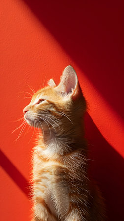 Closeup of a Felidae cat gazing at the sun against a red backgroundの素材