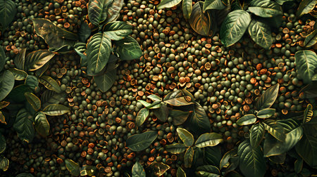 Coffee Beans and Leaves Background, Nature Texture, Rusticの素材