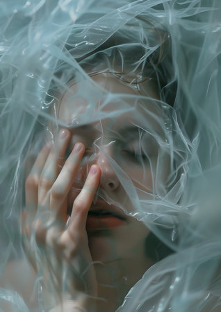 Dreamlike Portrait of Woman Behind Transparent Plasticの素材