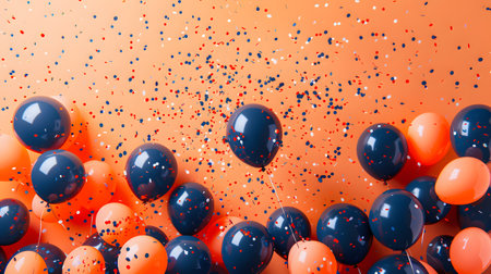 Colorful balloons and confetti float on a watery orange backgroundの素材