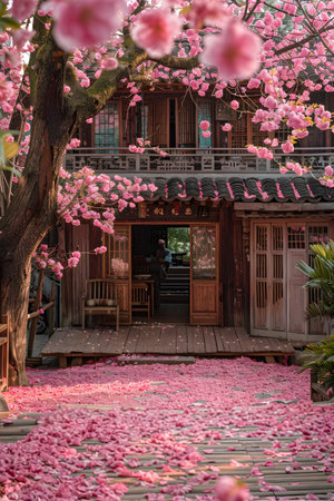 Pink flowers adorn the ground in front of the houseの素材