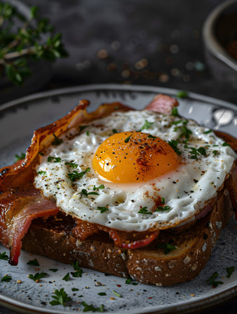 Delicious Egg and Bacon Toast with Herbs and Spicesの素材