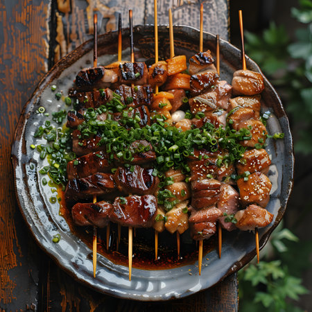 Sate kambing and arrosticini skewers on a wooden tableの素材