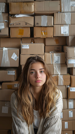 Young woman smiling in a room filled with cardboard boxesの素材