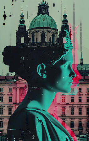 A statue of a woman with a city building dome in the backgroundの素材