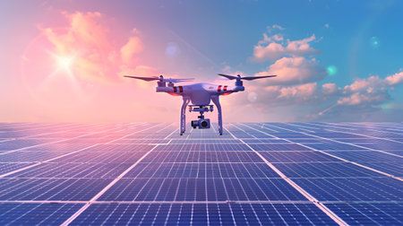 Drone Flying over Solar Panels with Bright Sky and Cloudsの素材