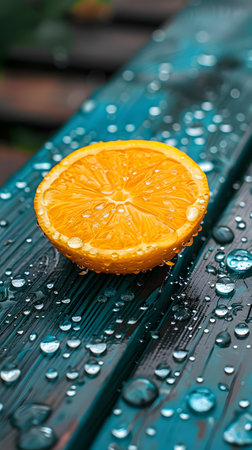 Valencia orange slice on table with water drops, vibrant colorsの素材