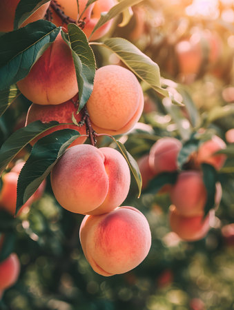 Fruitbearing branch with peaches, a natural food source from the plants treeの素材