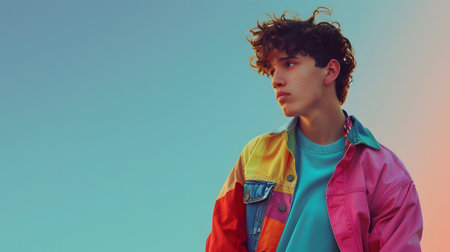 Young Man in Colorful Jacket Against Gradient Backgroundの素材