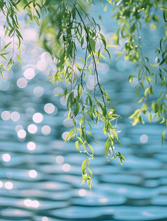 Peaceful willow branch over calm water, creating serene atmosphereの素材