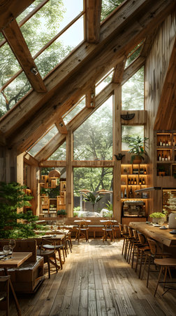 a restaurant with a lot of windows and wooden tables and chairsの素材