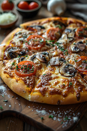 Californiastyle pizza with mushrooms, tomatoes, and cheese on a wooden boardの素材