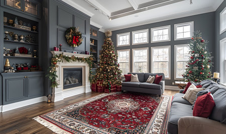 Cozy Christmasthemed living room with a couch, fireplace, and Christmas treeの素材