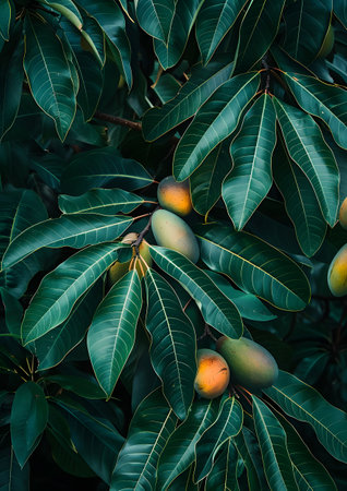 Tropical Mango Tree with Ripe Fruit in Lush Greeneryの素材