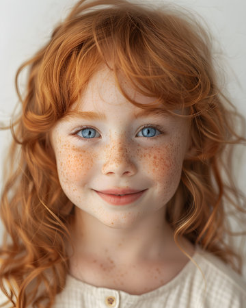 Redhaired girl with blue eyes smiles, showing teeth and dimplesの素材