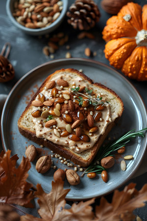 A piece of toast with peanut butter and almonds on a plateの素材