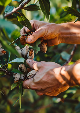 Hands Harvesting Fresh Almonds from Tree Branches in Orchardの素材