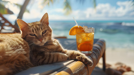 A content cat drinks on the beach, relaxes by the oceanの素材
