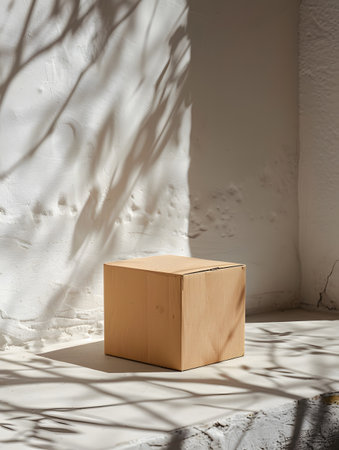 A rectangular cardboard box sits in a corner on hardwood flooringの素材