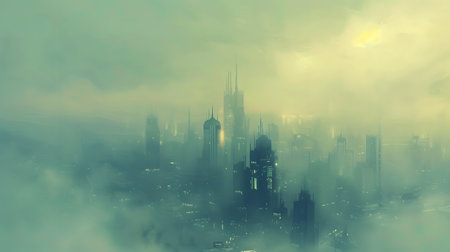 Misty Futuristic Cityscape with Skyscrapers in Dense Fogの素材