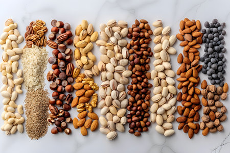 Assorted nuts and seeds displayed on a table for ingredients or snacksの素材