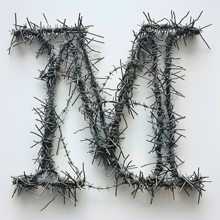 The letter M is formed by barbed wire on a white backgroundの素材