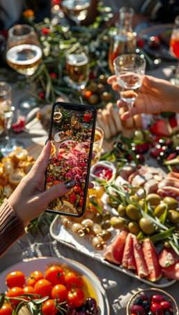 Capturing a dish of natural foods on the table with a cell phoneの素材