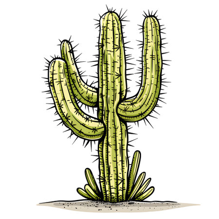 A cactus, a terrestrial plant, is thriving in the desert on a white backgroundの素材