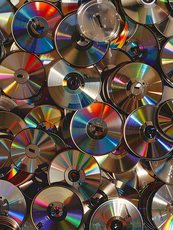 Pile of Colorful CDs and DVDs Reflecting Light Patternsの素材