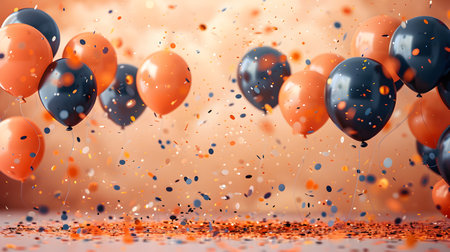 Orange and black balloons and confetti cascade onto a tableの素材
