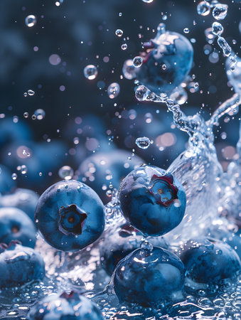 Electric blue blueberries creating ripples in liquid poolの素材