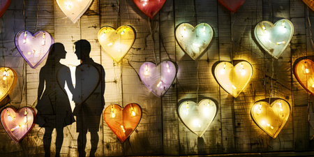 Silhouette of Couple with Colorful Heart Lights Backgroundの素材