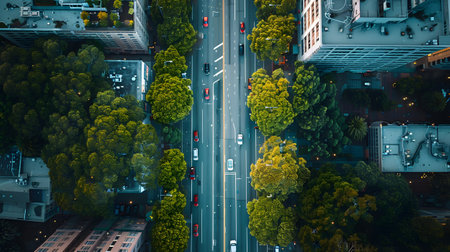 A city street with trees, buildings, and tower blocks from aboveの素材