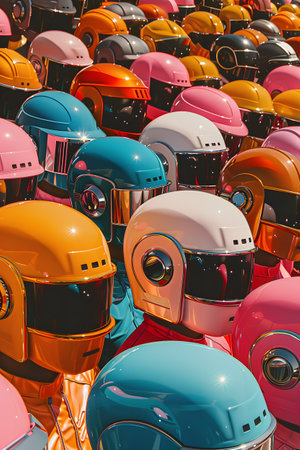 Vibrant scifi helmets arranged neatly under sunlightの素材