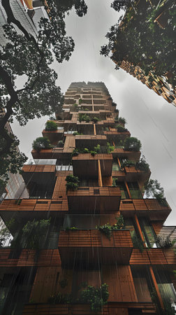 Modern Vertical Garden Building with Rustic Facade in Urban Settingの素材