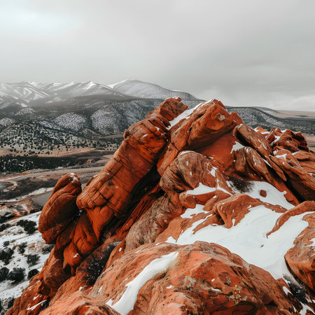 Snow-Covered Red Rocks with Mountain Landscape in Backgroundの素材